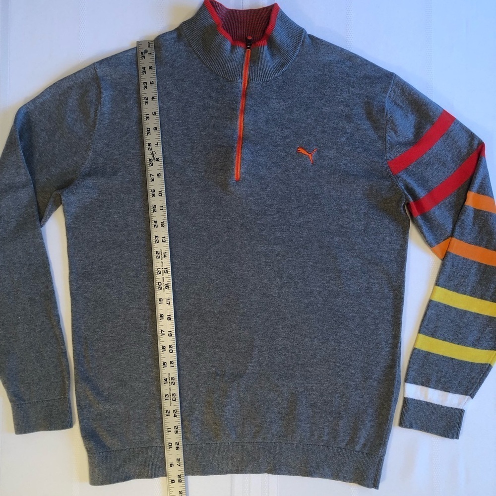 Puma Gray Fine Gage 1/4 Zip PullOn Sweater w/Colorful Stripe Sleeve Accent Sz L - Picture 5 of 8